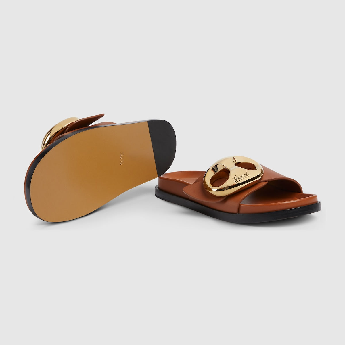 Marina chain slide sandal – brown leather Women's Gold-toned hardware Marina chain detail Rubber sole Flat – LUX VERSE Luxury Designer Fashion Outlet