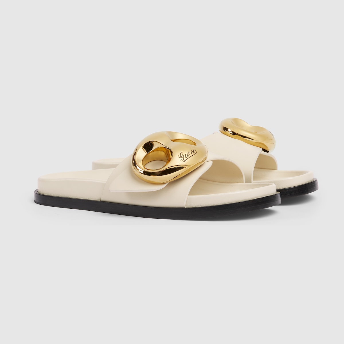 Women's Marina chain slide sandal – white leather Women's Gold-toned hardware Marina chain detail Rubber sole Flat – LUX VERSE Luxury Designer Fashion Outlet