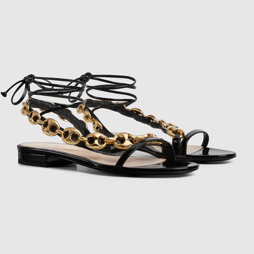 Marina chain sandal – black leather Women's Gold-toned hardware Marina chain detail Leather sole Strappy – LUX VERSE Luxury Designer Fashion Outlet