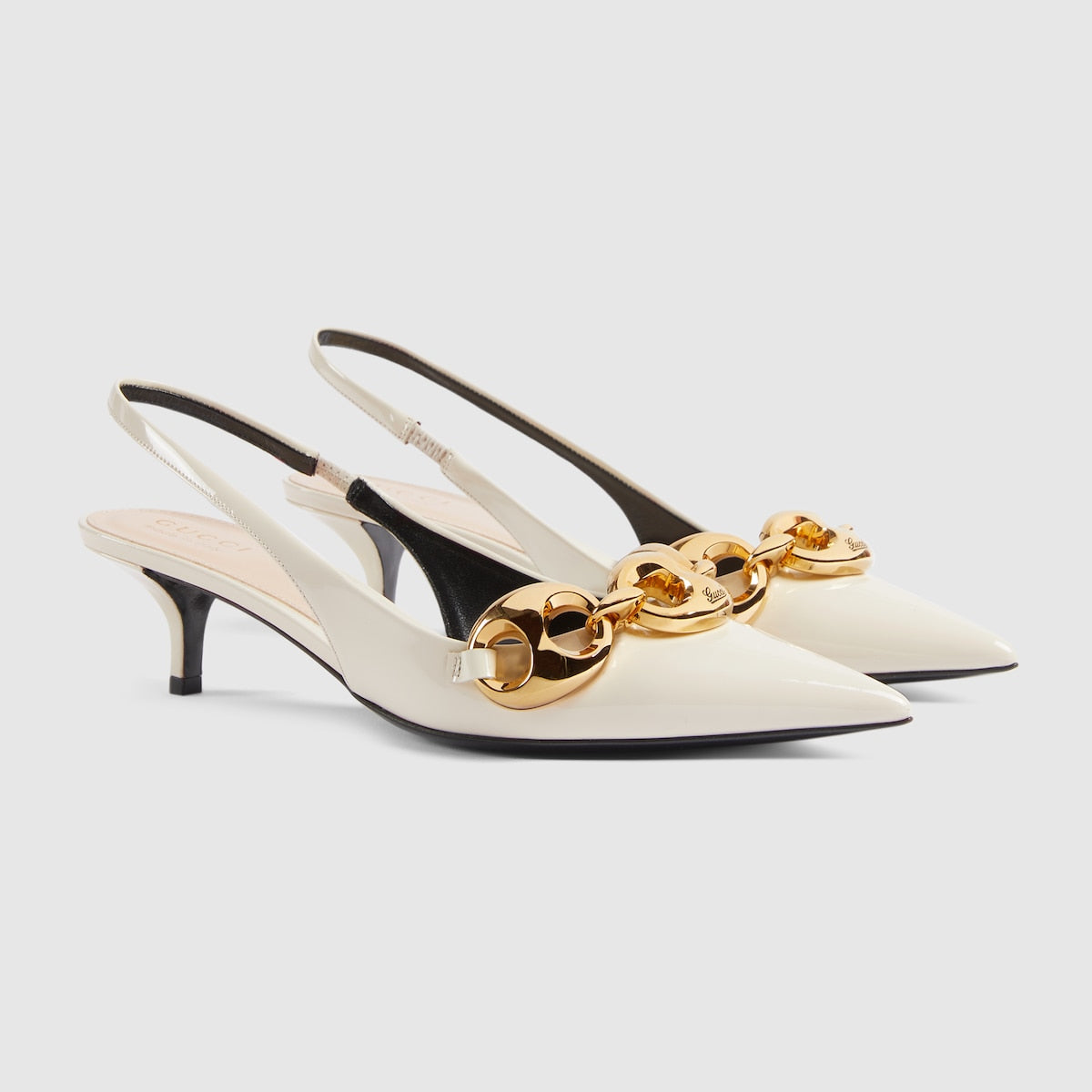 Women's slingback with Marina chain – ivory patent leather Women's Gold-toned hardware Marina chain detail Pointed toe – LUX VERSE Luxury Designer Fashion Outlet