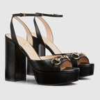 Women's platform sandal – black leather Women's Light gold-toned hardware Horsebit Adjustable ankle buckle – LUX VERSE Luxury Designer Fashion Outlet