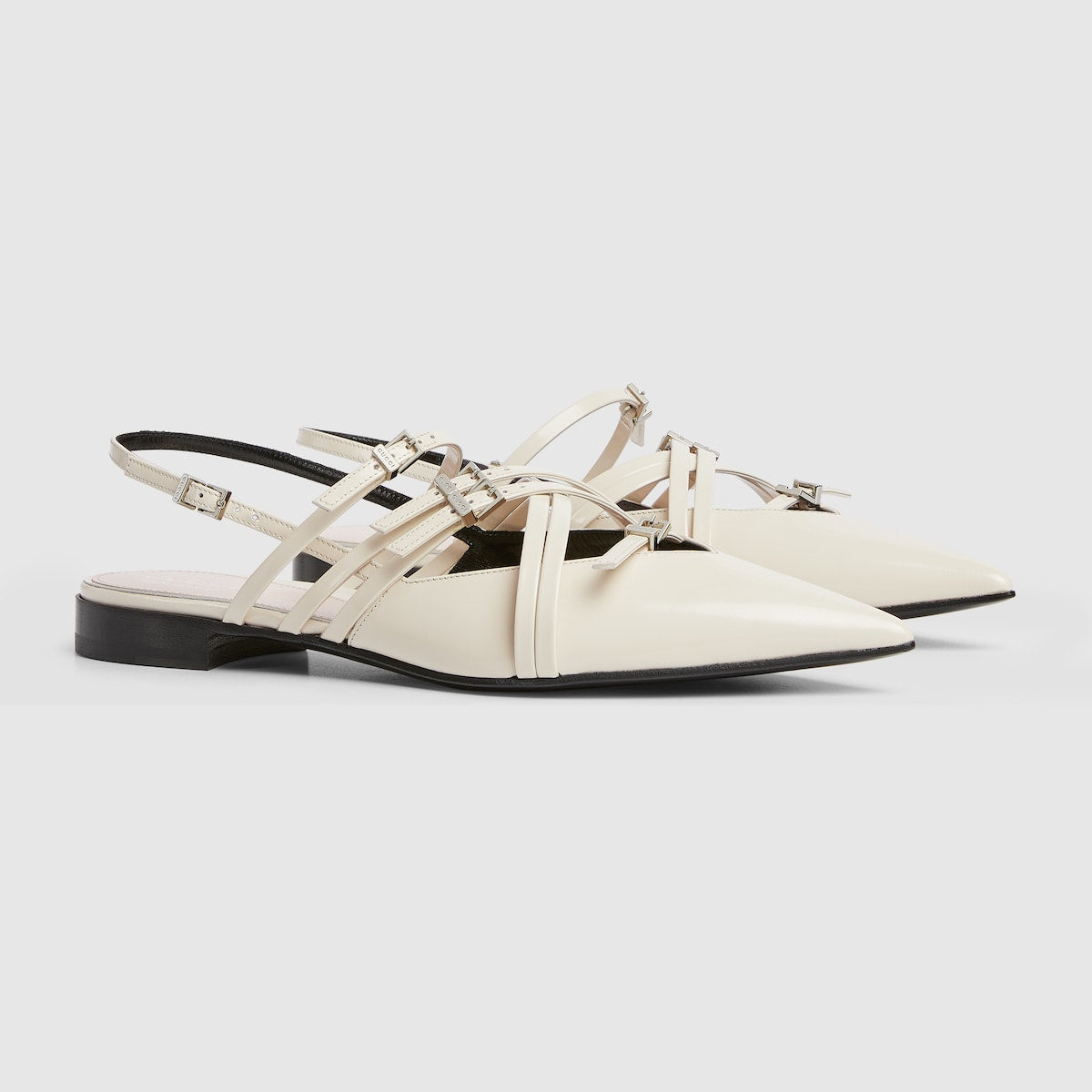 Women's strappy ballet flat – ivory leather Women's Pointed toe Leather sole Criss-cross straps and multi buckles – LUX VERSE Luxury Designer Fashion Outlet