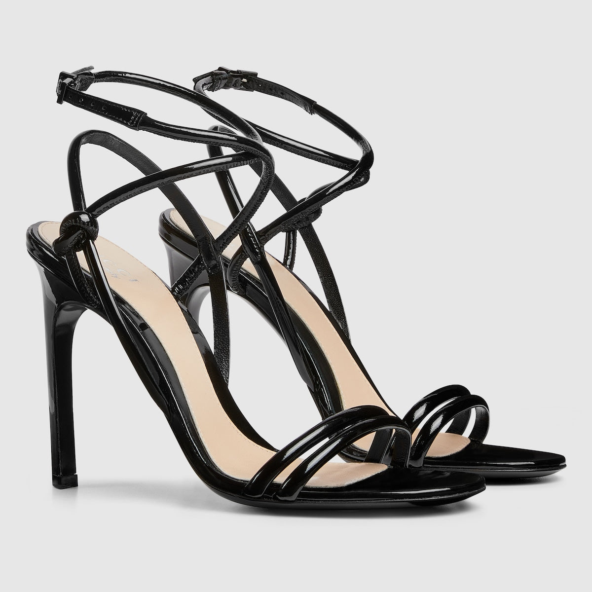 Women's strappy leather sandal – black patent leather Women's Leather sole Knot detail Adjustable buckle closure High – LUX VERSE Luxury Designer Fashion Outlet