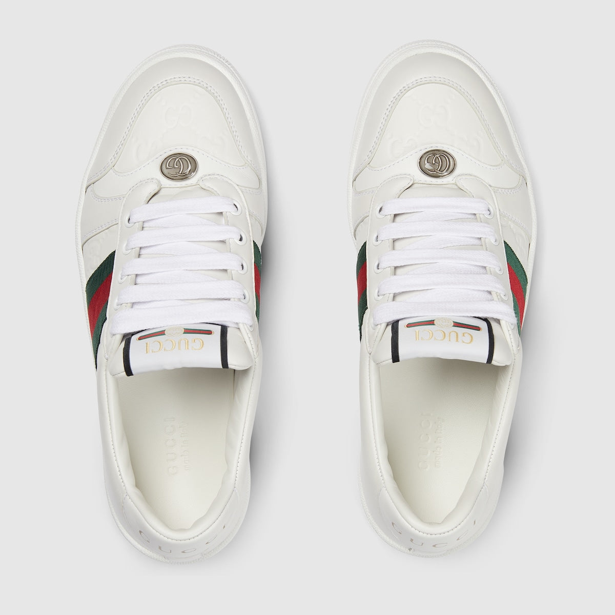 Screener sneaker – here the emblematic style is presented in white leather with an embossed GG leather – LUX VERSE Luxury Designer Fashion Outlet