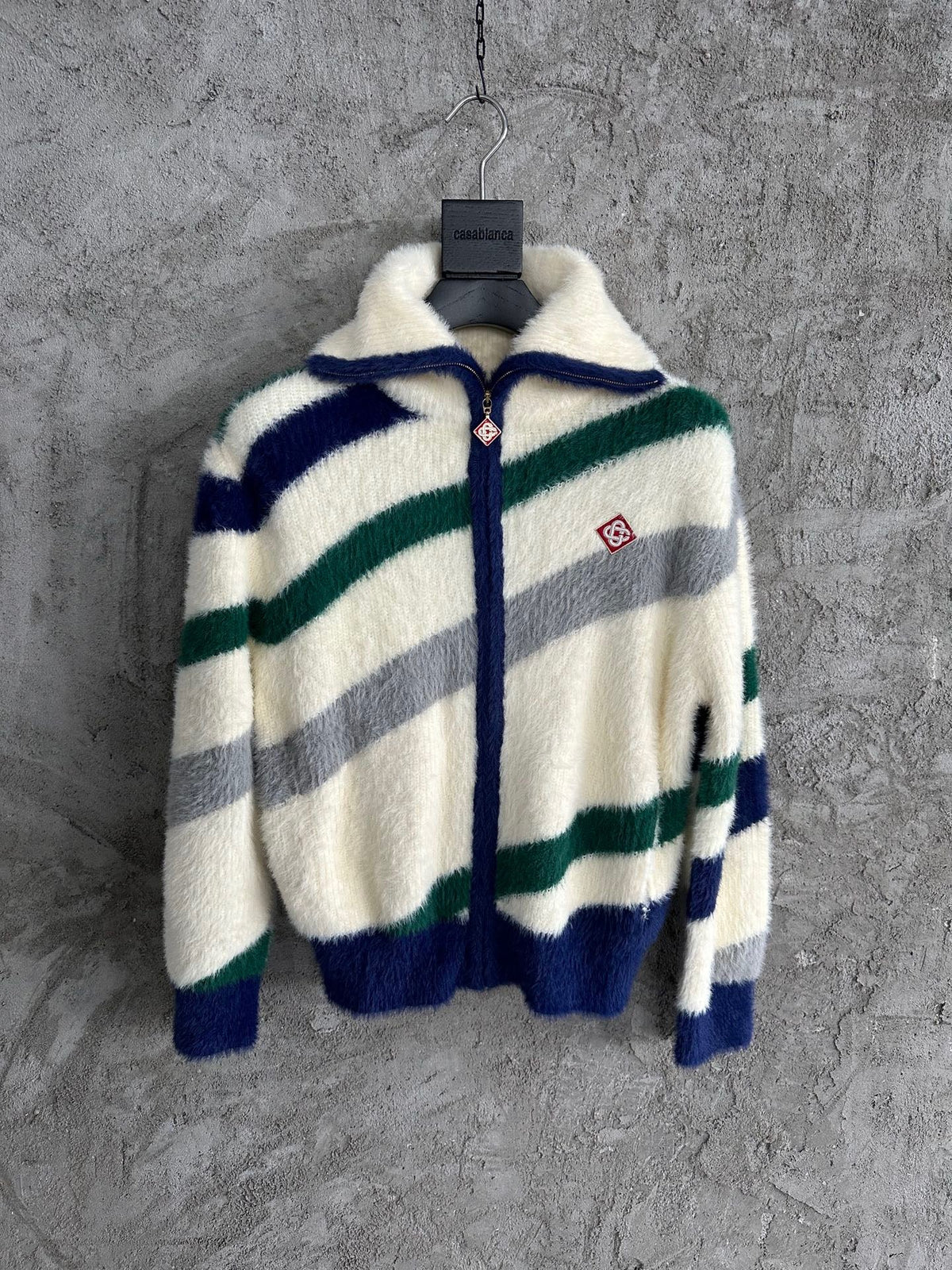 Cremefarbener Strickpullover mit Streifen und Reißverschluss – Herren