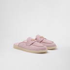 Suede mules – the enameled metal triangle logo embellishes the band, while the rubber sole adds – LUX VERSE Luxury Designer Fashion Outlet