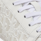 One Sneaker – crafted in white calfskin, it is distinguished with perforated inserts that reveal – LUX VERSE Luxury Designer Fashion Outlet