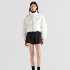 Re-Nylon cropped convertible down jacket – padded with goose down, the garment is decorated with the iconic enameled metal – LUX VERSE Luxury Designer Fashion Outlet
