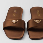 Satin slides – enameled metal triangle logo Monoblock leather sole, 5 mm, with hot-stamped logo – LUX VERSE Luxury Designer Fashion Outlet