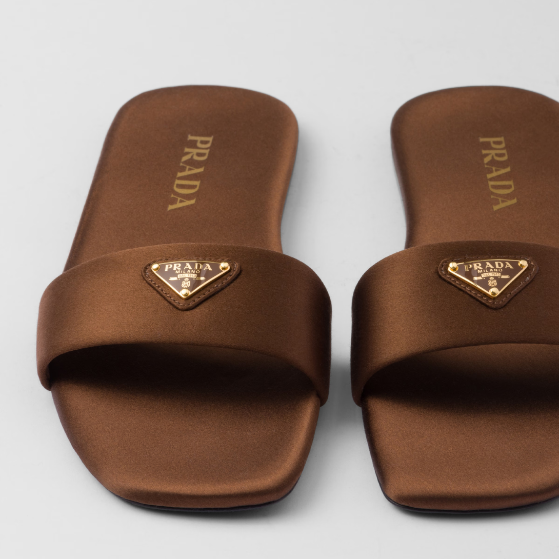 Satin slides – enameled metal triangle logo Monoblock leather sole, 5 mm, with hot-stamped logo – LUX VERSE Luxury Designer Fashion Outlet