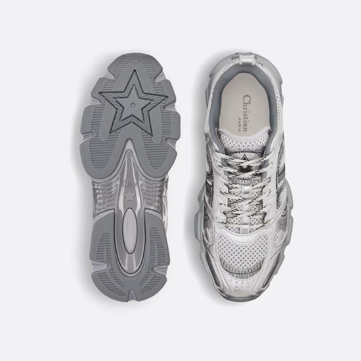Chrono Sneaker Silver-Tone – featuring three-tone laces and an ultra-lightweight sole adorned with a star, – LUX VERSE Luxury Designer Fashion Outlet