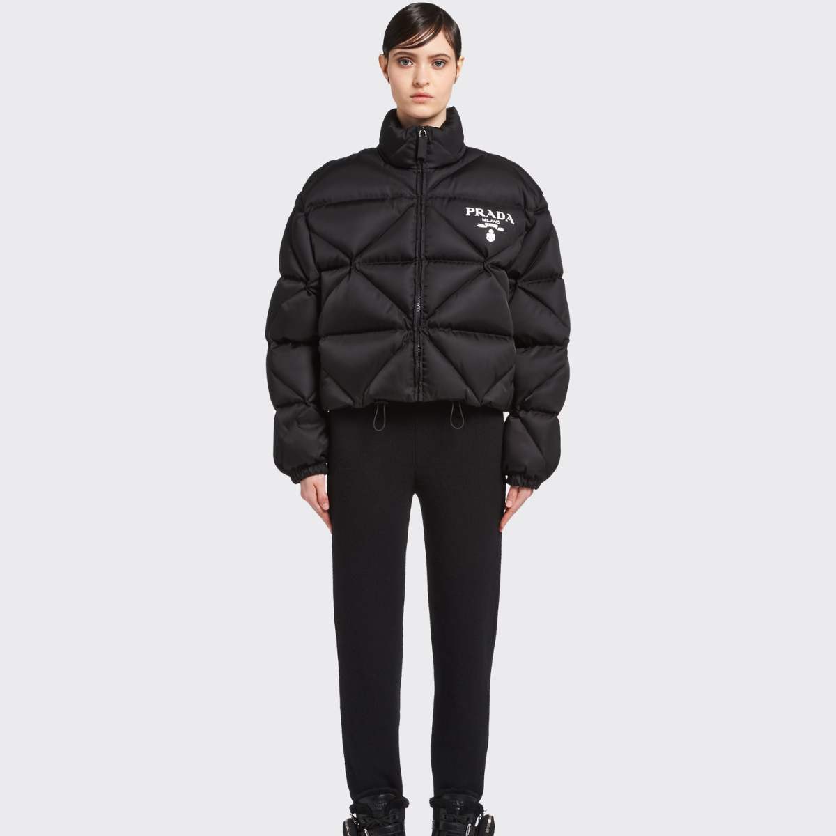 Re-Nylon Gabardine cropped down jacket – the lettering logo is framed by the iconic triangle that is interpreted – LUX VERSE Luxury Designer Fashion Outlet