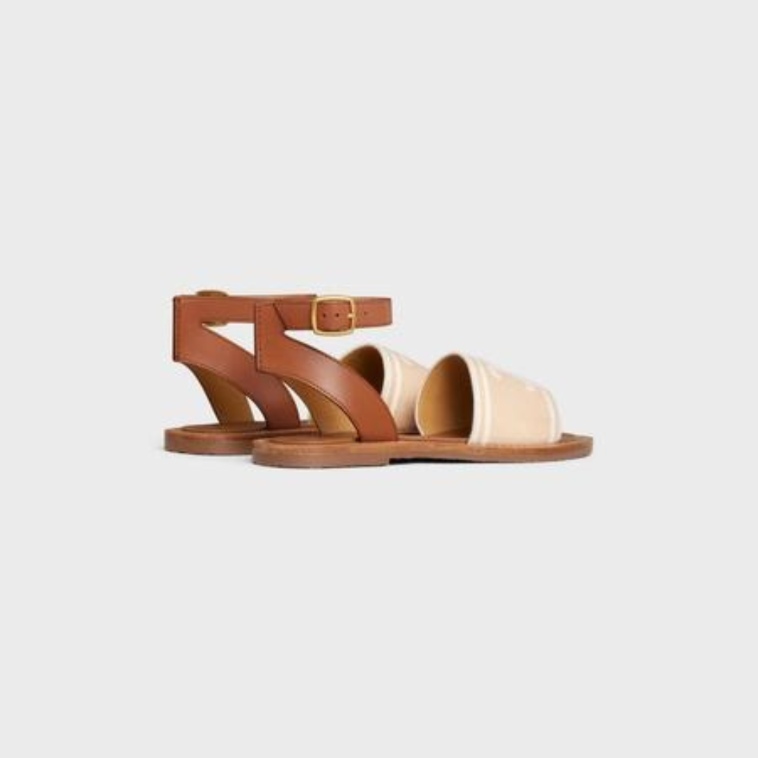 LYMPIA SANDAL in TRIOMPHE JACQUARD CANVAS & CALFSKIN – lining0.6 IN (15 MM) heelROUND TOE SHAPEENGRAVED ADJUSTABLE BUCKLESLIGHTY – LUX VERSE Luxury Designer Fashion Outlet