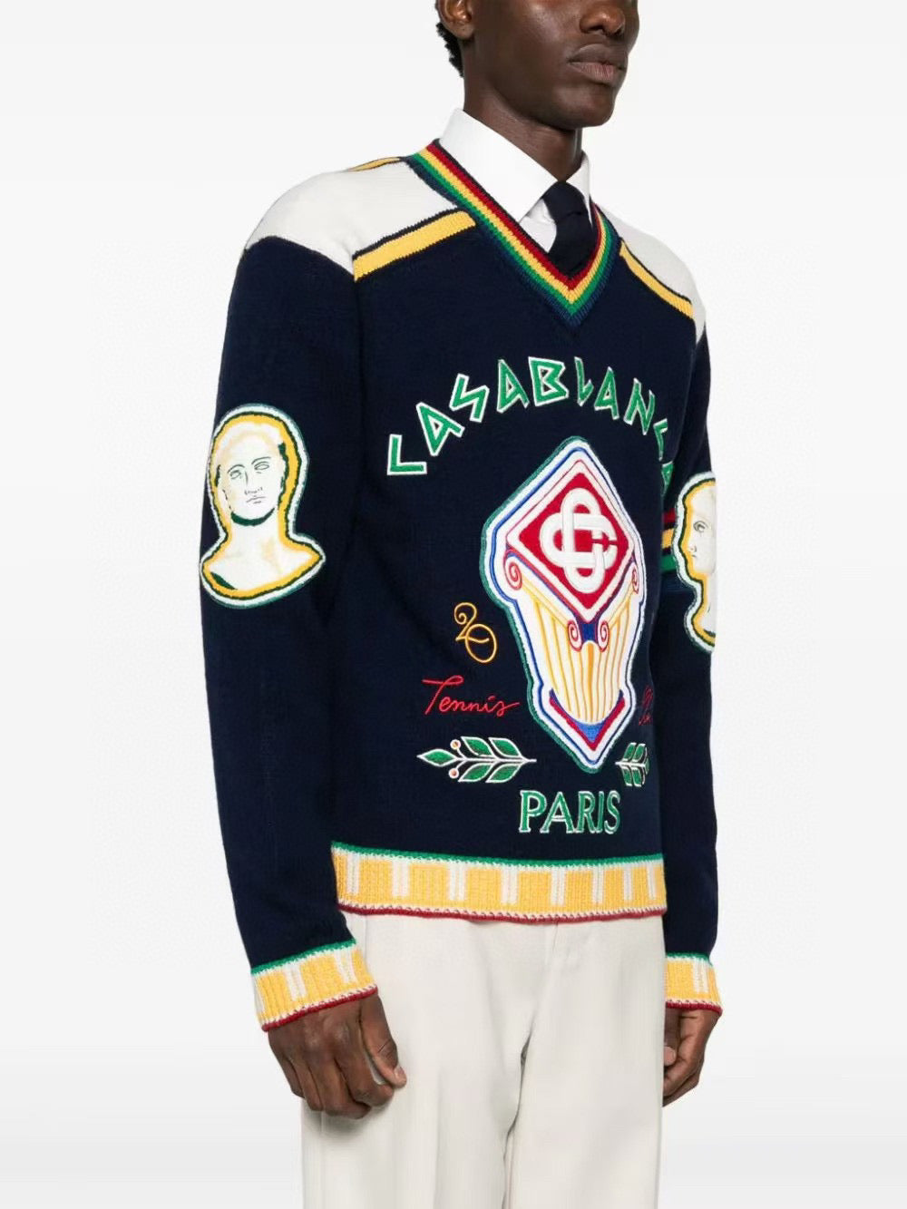 Navy Wollpullover mit Rundhalsausschnitt und Wappen-Intarsie – Herren
