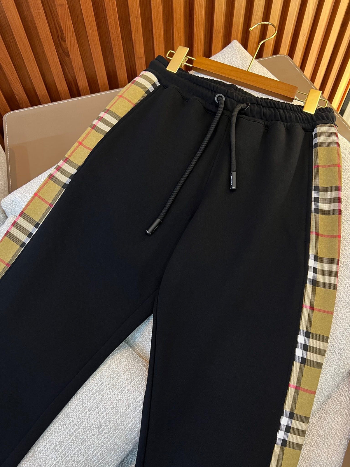 Black Cotton Check Panel Joggers - Men's