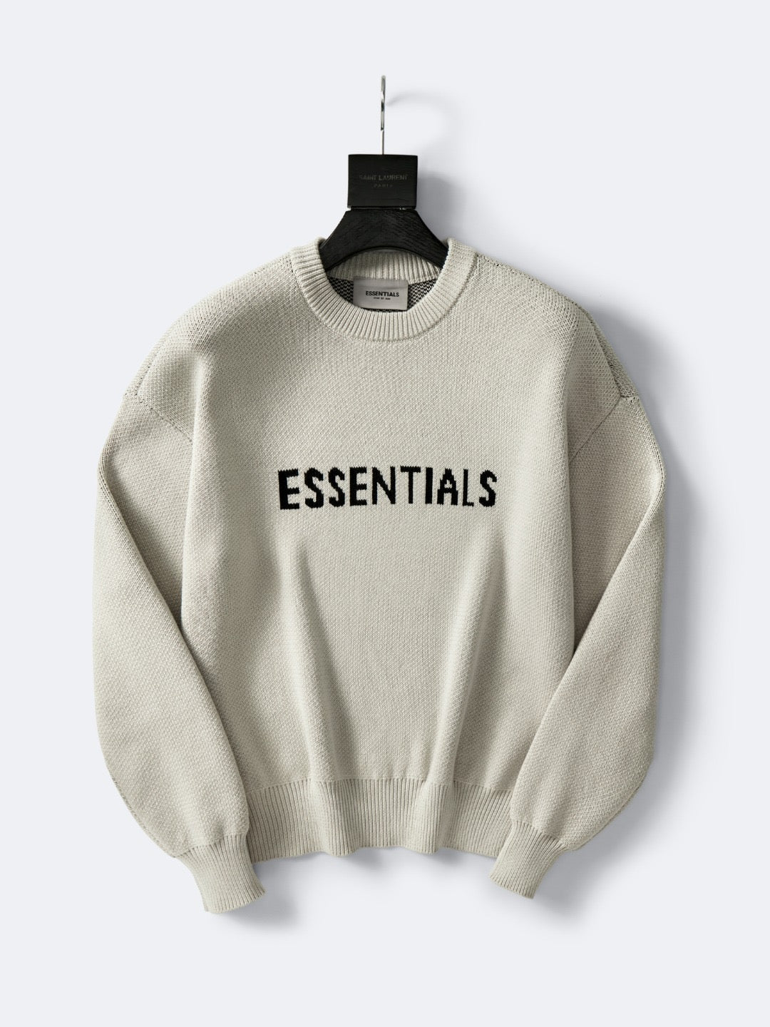 Cremefarbener Wollpullover mit Textlogo, Rundhalsausschnitt – Herren