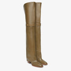 Square Toe Boots Green – the leg partially covers the heel creating a trompe effect and soft creases on – LUX VERSE Luxury Designer Fashion Outlet