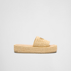 Crochet Flatform Iconic Slides – raffia-effect yarn Crochet workmanship Enameled metal triangle logo Monoblock rubber – LUX VERSE Luxury Designer Fashion Outlet