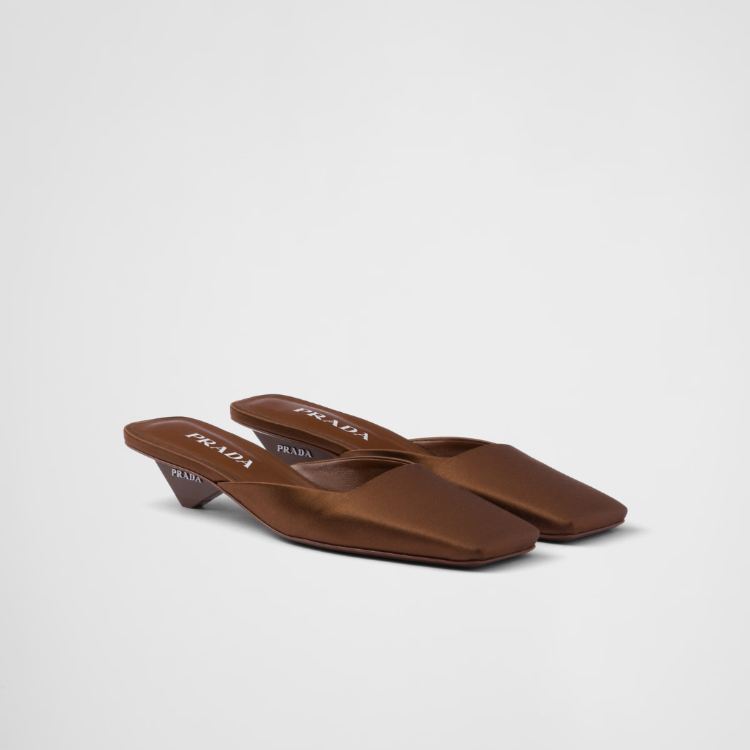 Satin mules – leather sole Varnished heel with logo, height: 35 mm Imported – LUX VERSE Luxury Designer Fashion Outlet