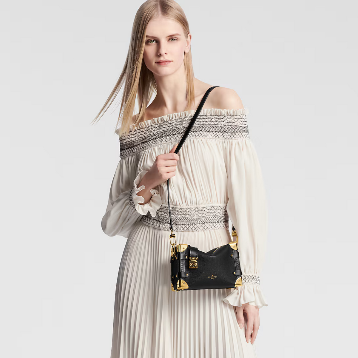 Classic Side Trunk PM – crafted from grained calfskin leather with a gold-color S-lock and corners, the Side – LUX VERSE Luxury Designer Fashion Outlet