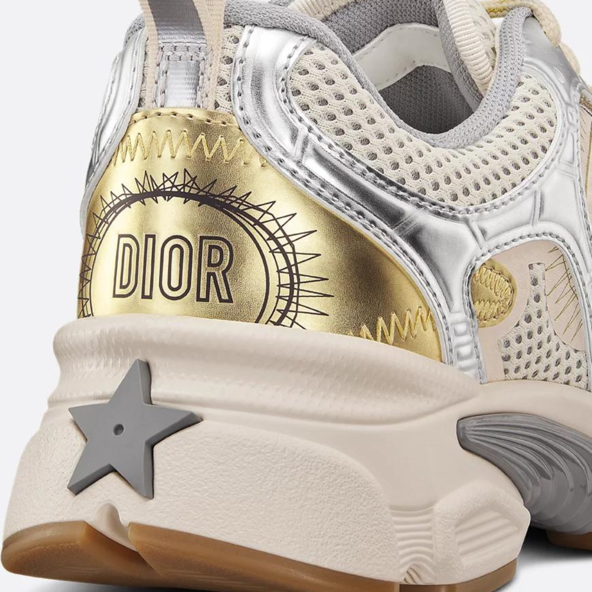 Chrono Elevate Sneaker – pairing beige mesh with gold-tone and silver-tone laminated leather-effect panels, – LUX VERSE Luxury Designer Fashion Outlet