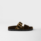 Velvet slides – the footwear defined by metal buckles has comfortable rubber soles and is decorated – LUX VERSE Luxury Designer Fashion Outlet