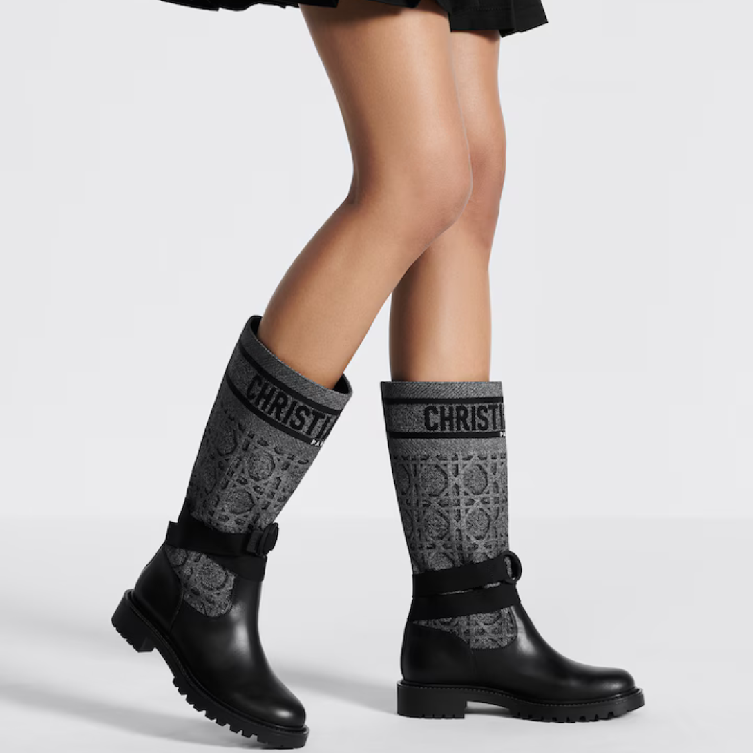 D-Major Boot – joining embroidered cotton featuring a Cannage motif with black calfskin, the style – LUX VERSE Luxury Designer Fashion Outlet
