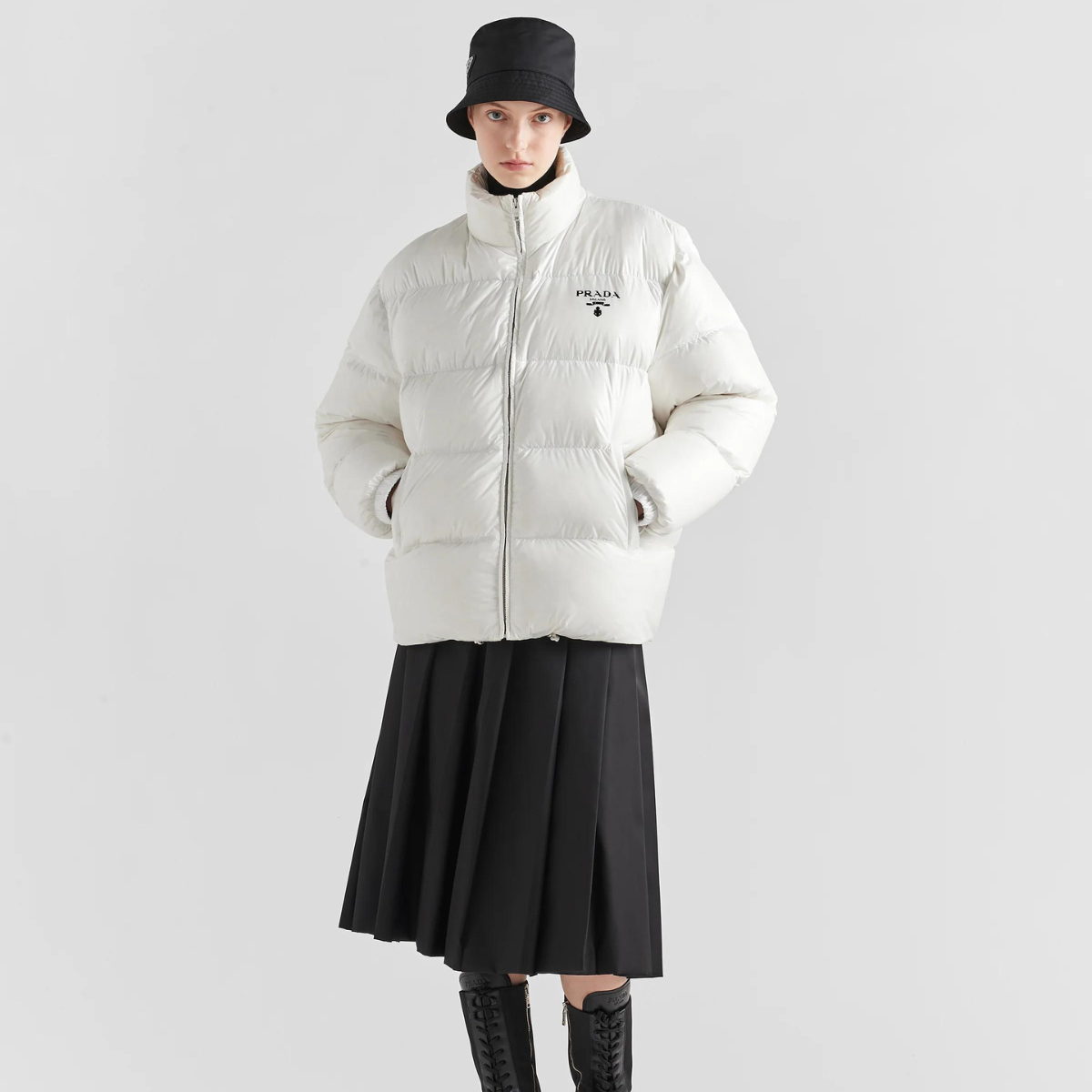Re-Nylon hooded goose down jacket – padded with goose down, the garment is decorated with the printed logo on the front – LUX VERSE Luxury Designer Fashion Outlet