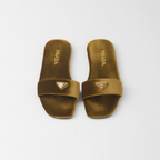 Flat velvet slides – enameled metal triangle logo Monoblock leather sole, 05 mm, with hot-stamped logo – LUX VERSE Luxury Designer Fashion Outlet
