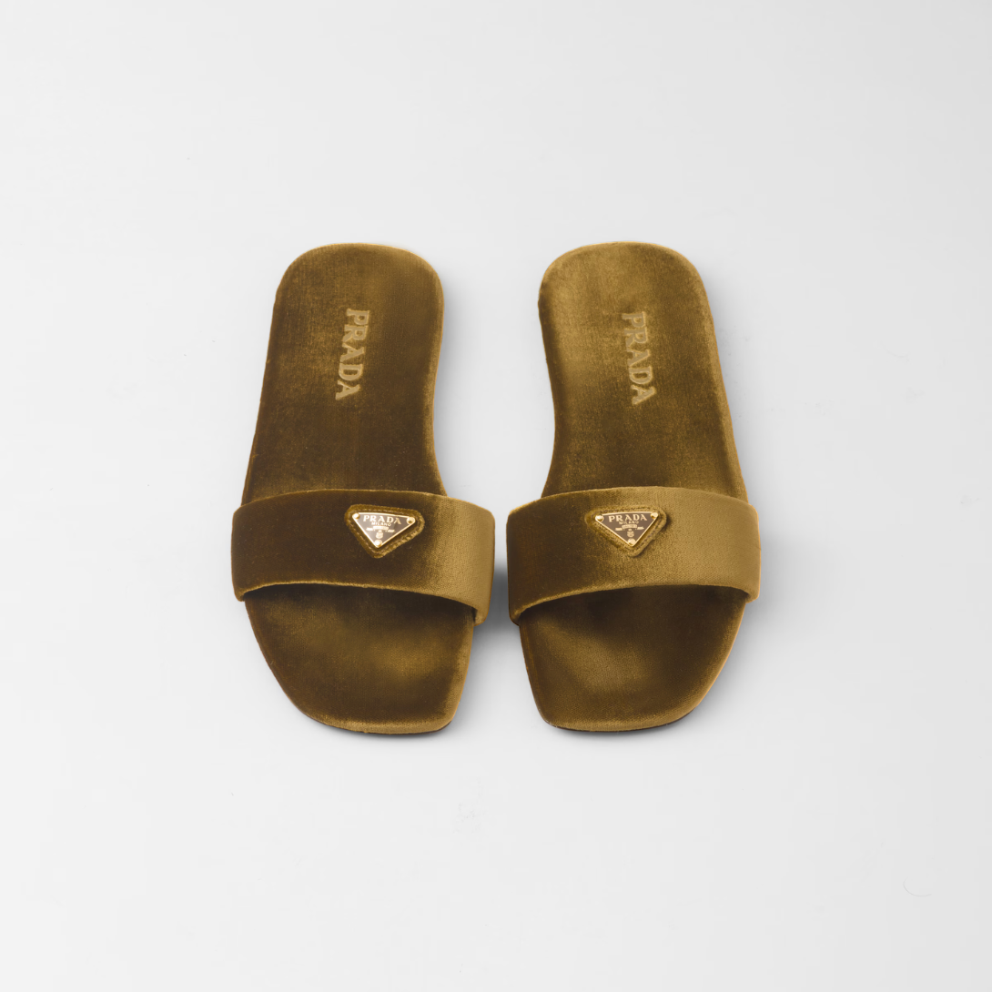Flat velvet slides – enameled metal triangle logo Monoblock leather sole, 05 mm, with hot-stamped logo – LUX VERSE Luxury Designer Fashion Outlet