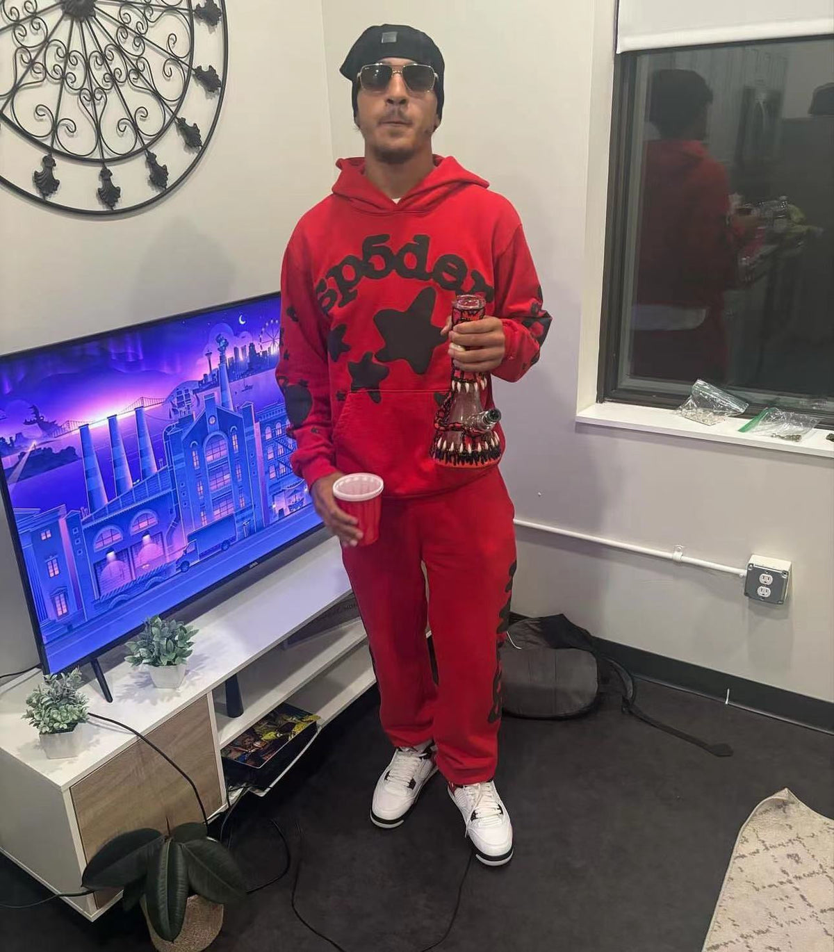 Rote Jogginghose mit seitlichem Print – Herren