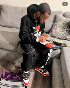 Black Cotton Graphic Joggers - Men's