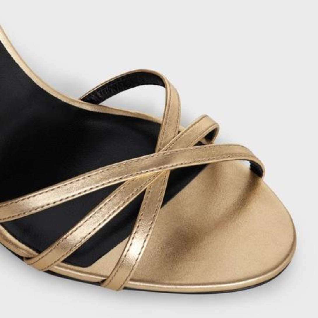 SOIR SANDAL in LAMBSKIN – mM) heelALMOND TOE SHAPEMETAL TRIOMPHE SIGNATURE ON THE SIDE STRAPENGRAVED – LUX VERSE Luxury Designer Fashion Outlet
