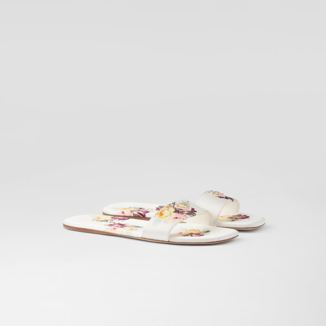 Printed satin slides – enameled metal triangle logo Monoblock leather sole, 05 mm, with hot-stamped logo – LUX VERSE Luxury Designer Fashion Outlet