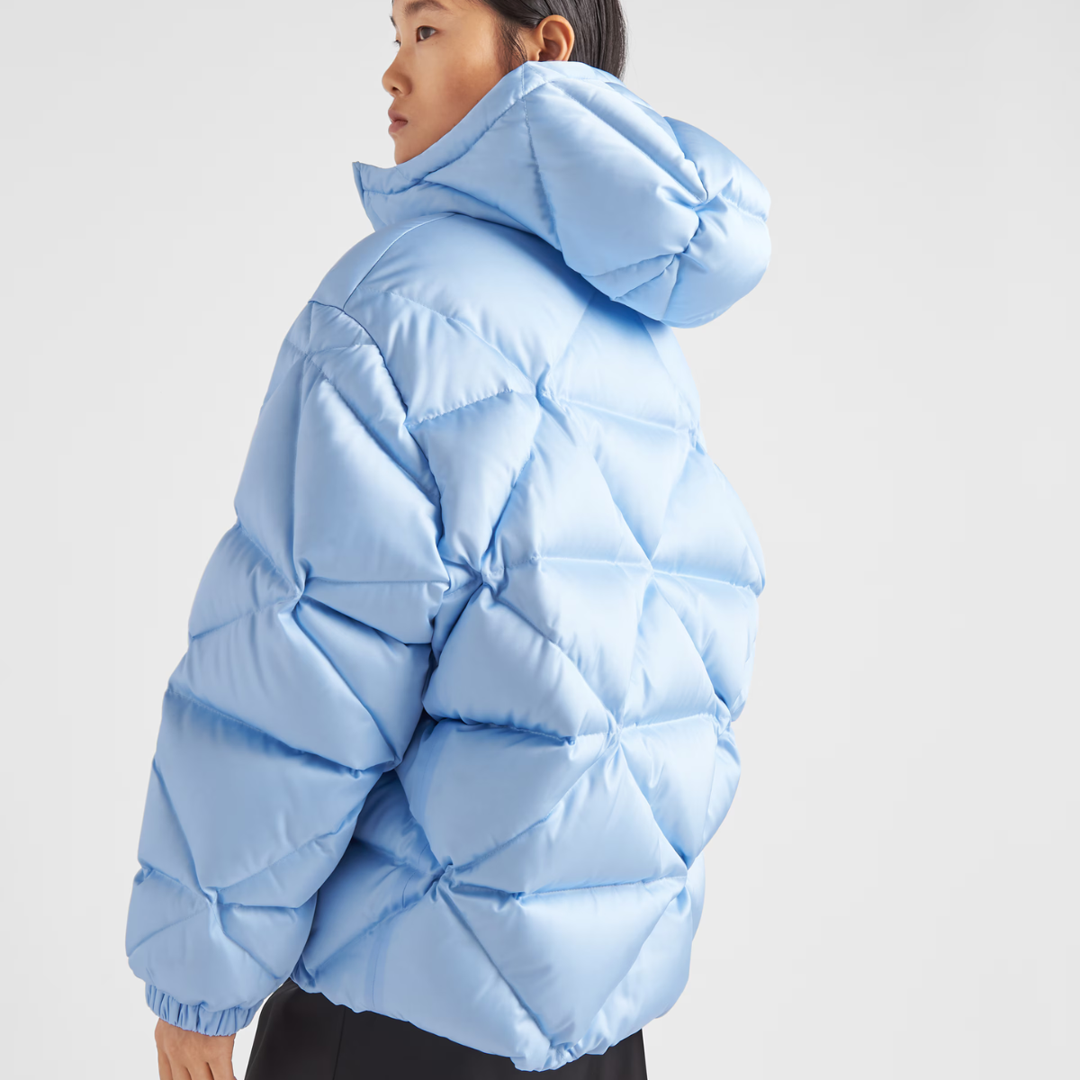 Oversized Re-Nylon Gabardine down jacket – medium-length down jacket Goose down padding Hooded collar Long sleeves Elasticized – LUX VERSE Luxury Designer Fashion Outlet
