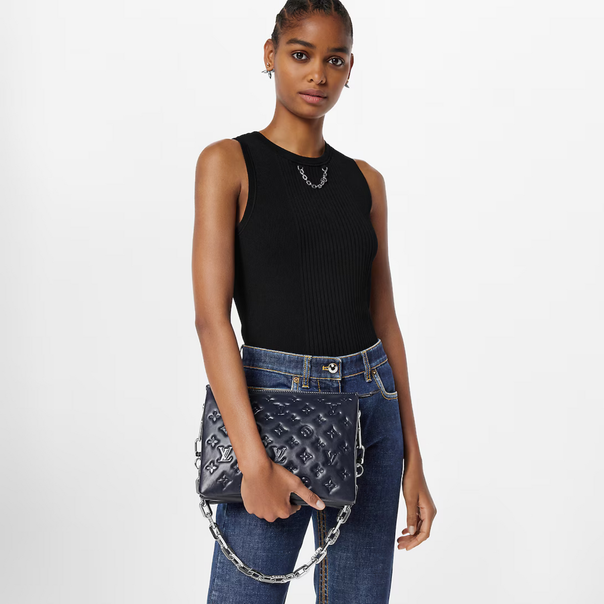 Coussin PM Marine Blue – fashioned from puffy lambskin and accessorized with a chunky silver-color chain, – LUX VERSE Luxury Designer Fashion Outlet