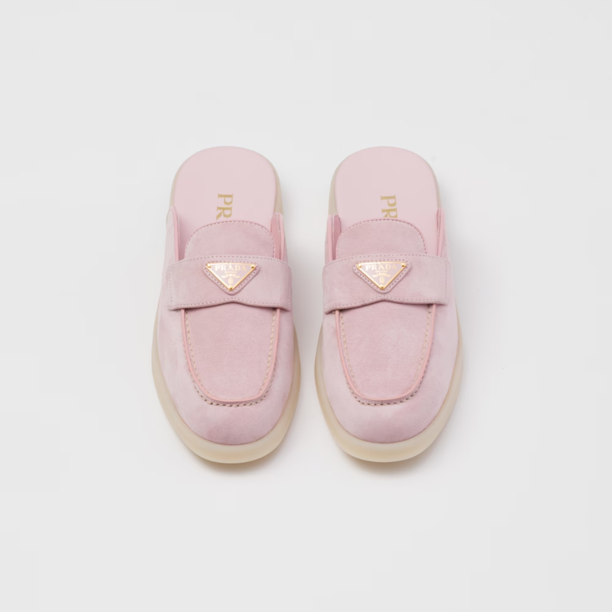 Suede mules – upper with leather band Leather lining Enameled metal triangle logo Rubber sole – LUX VERSE Luxury Designer Fashion Outlet