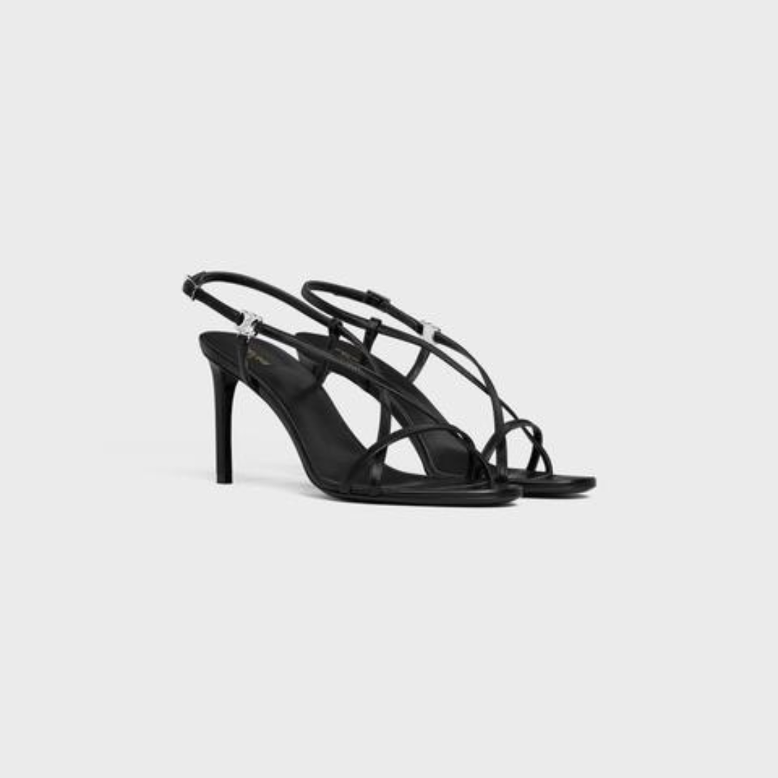 SOIR CRISS CROSS SANDAL WITH TRIOMPHE in LAMBSKIN – mM) heelALMOND TOE SHAPEMETAL TRIOMPHE SIGNATURE ON THE SIDE STRAPENGRAVED – LUX VERSE Luxury Designer Fashion Outlet