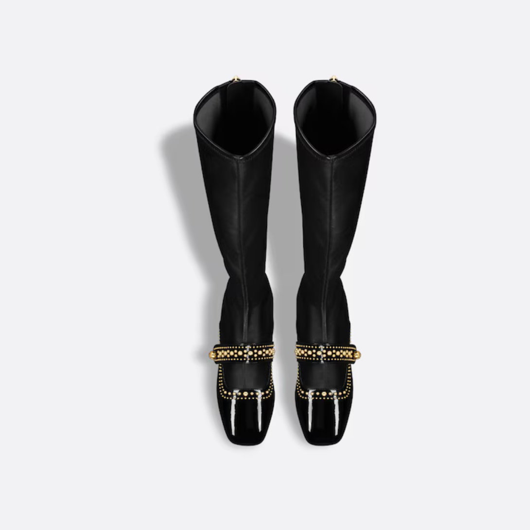 Belle-D Heeled Boot – a decorative strap adorned with a gold-finish CD metal pearl, inspired by the iconic – LUX VERSE Luxury Designer Fashion Outlet
