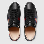 Ace Embroidered Sneaker – black leather with red leather detail on the heel of one shoe and blue on the other – LUX VERSE Luxury Designer Fashion Outlet