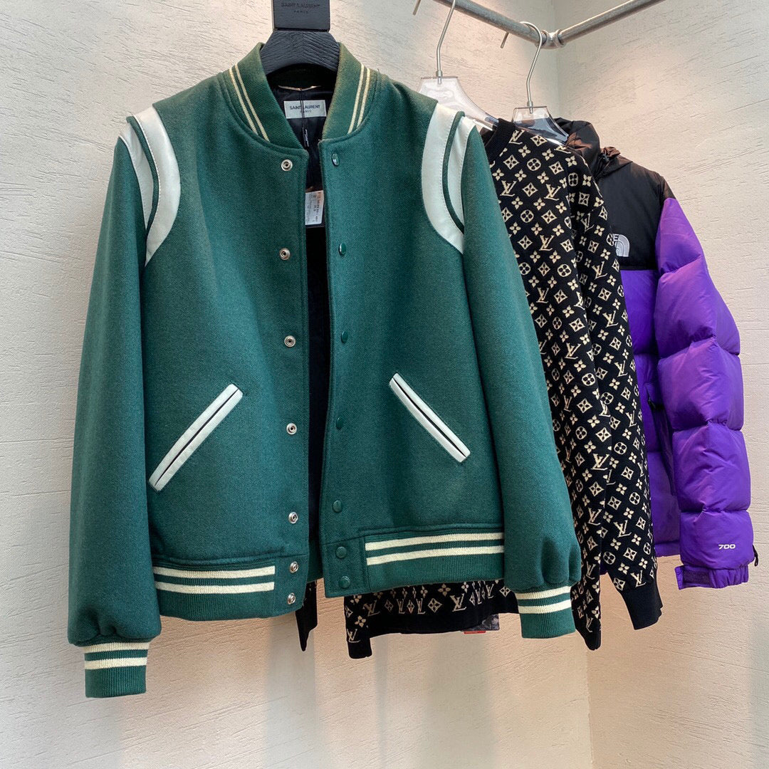 Green Wool Contrast Sleeve Varsity - Men's