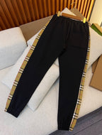 Black Cotton Check Panel Joggers - Men's