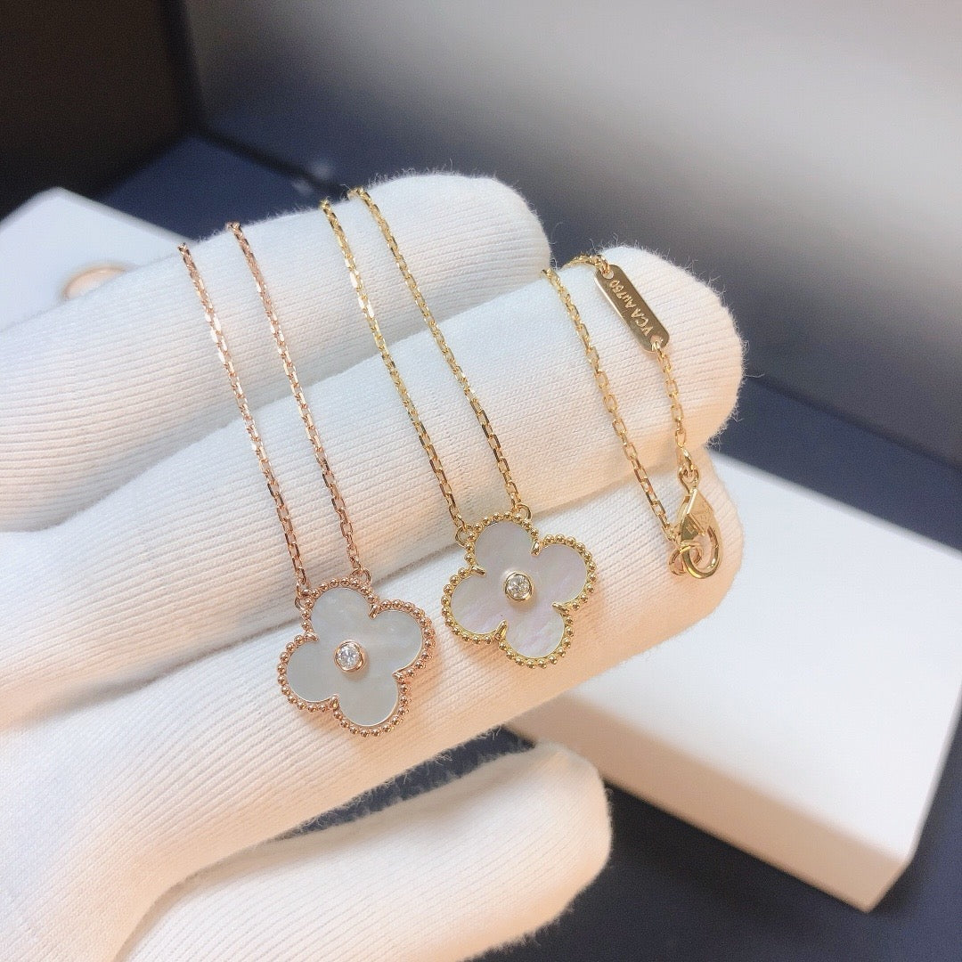 Clover 15mm Diamond White Fritillaria Necklace – LUX VERSE Luxury Designer Fashion Outlet
