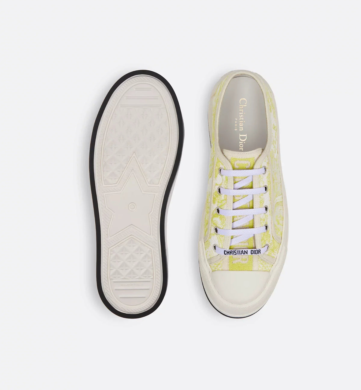 Riviera Walk'n'Platform Sneaker – the white cotton upper embroidered with the lemon yellow Toile de Jouy Sauvage motif – LUX VERSE Luxury Designer Fashion Outlet