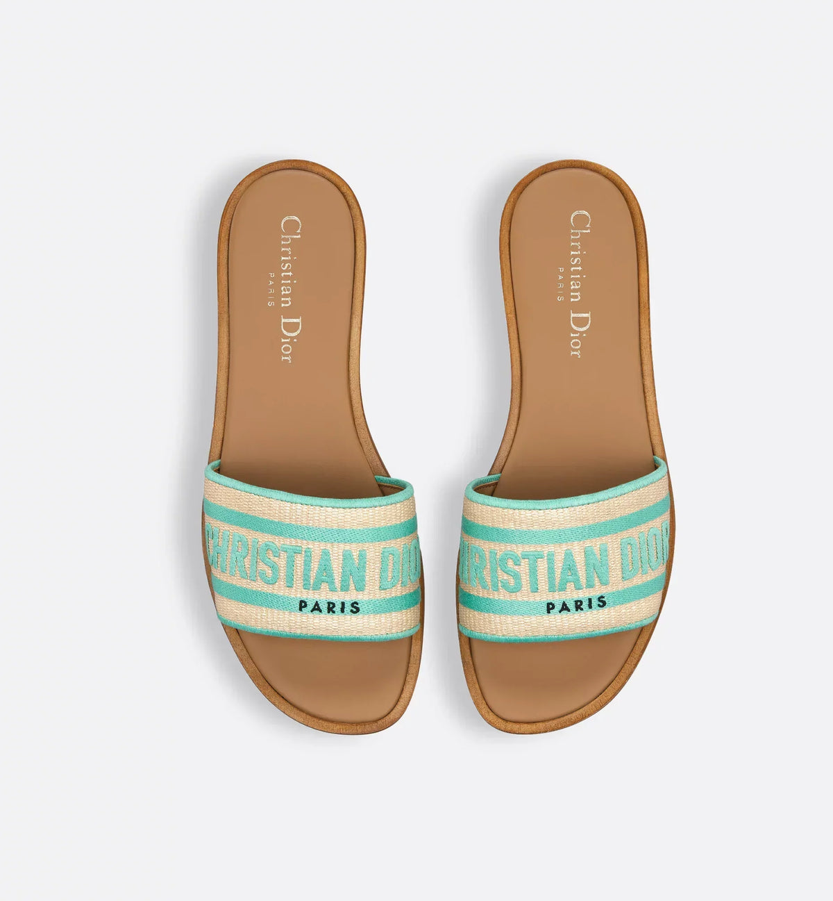 Dway iconic Slide – the natural raffia and aquamarina cotton upper is embroidered with the instantly – LUX VERSE Luxury Designer Fashion Outlet