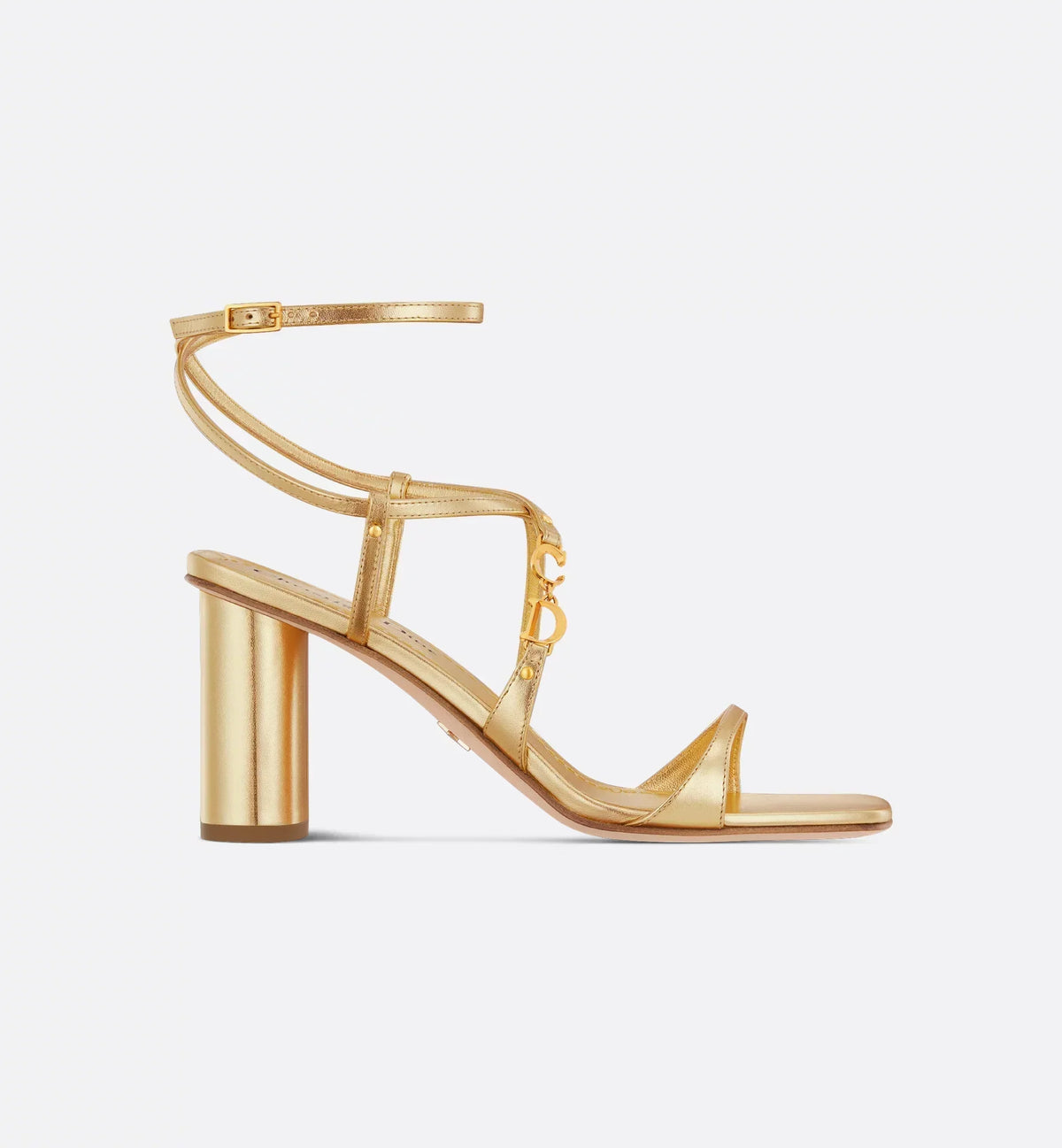 C'est Heeled Laminated Calfskin Sandal – gold-finish metal C and D initials on the side Adjustable buckled ankle strap – LUX VERSE Luxury Designer Fashion Outlet