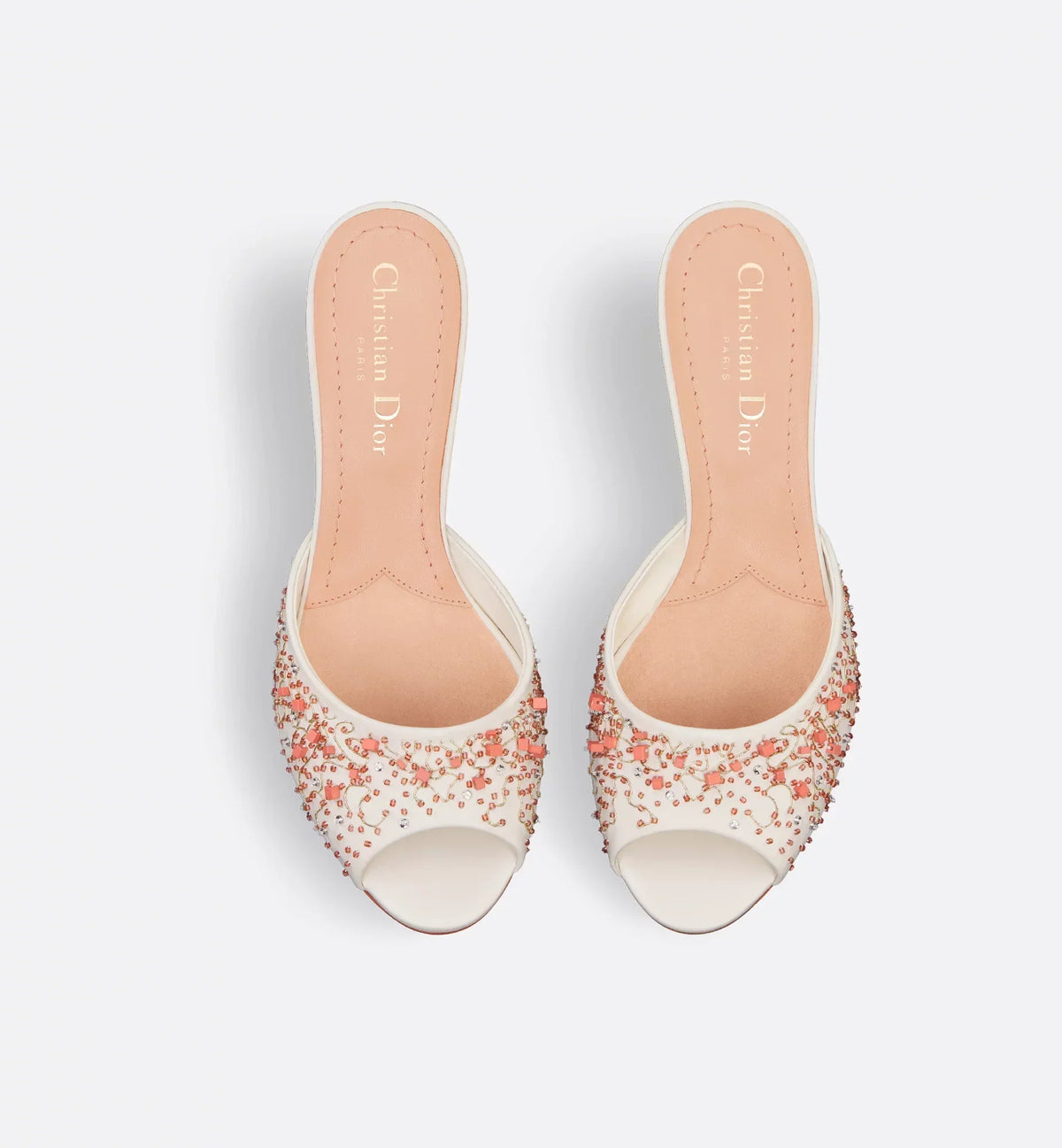 D-Dream Heeled Coral Beads Slide – the white lambskin upper is delicately embroidered with coral beads and silver-tone – LUX VERSE Luxury Designer Fashion Outlet