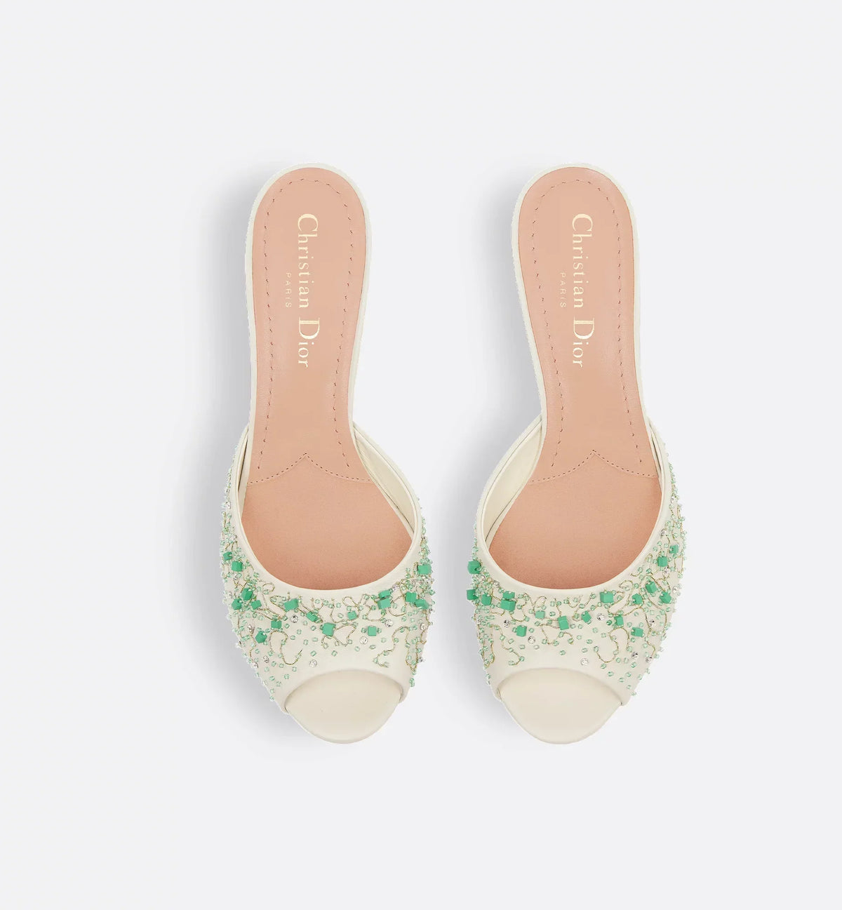 D-Dream Classy Heeled Slide – the white lambskin upper is delicately embroidered with aquamarina beads – LUX VERSE Luxury Designer Fashion Outlet