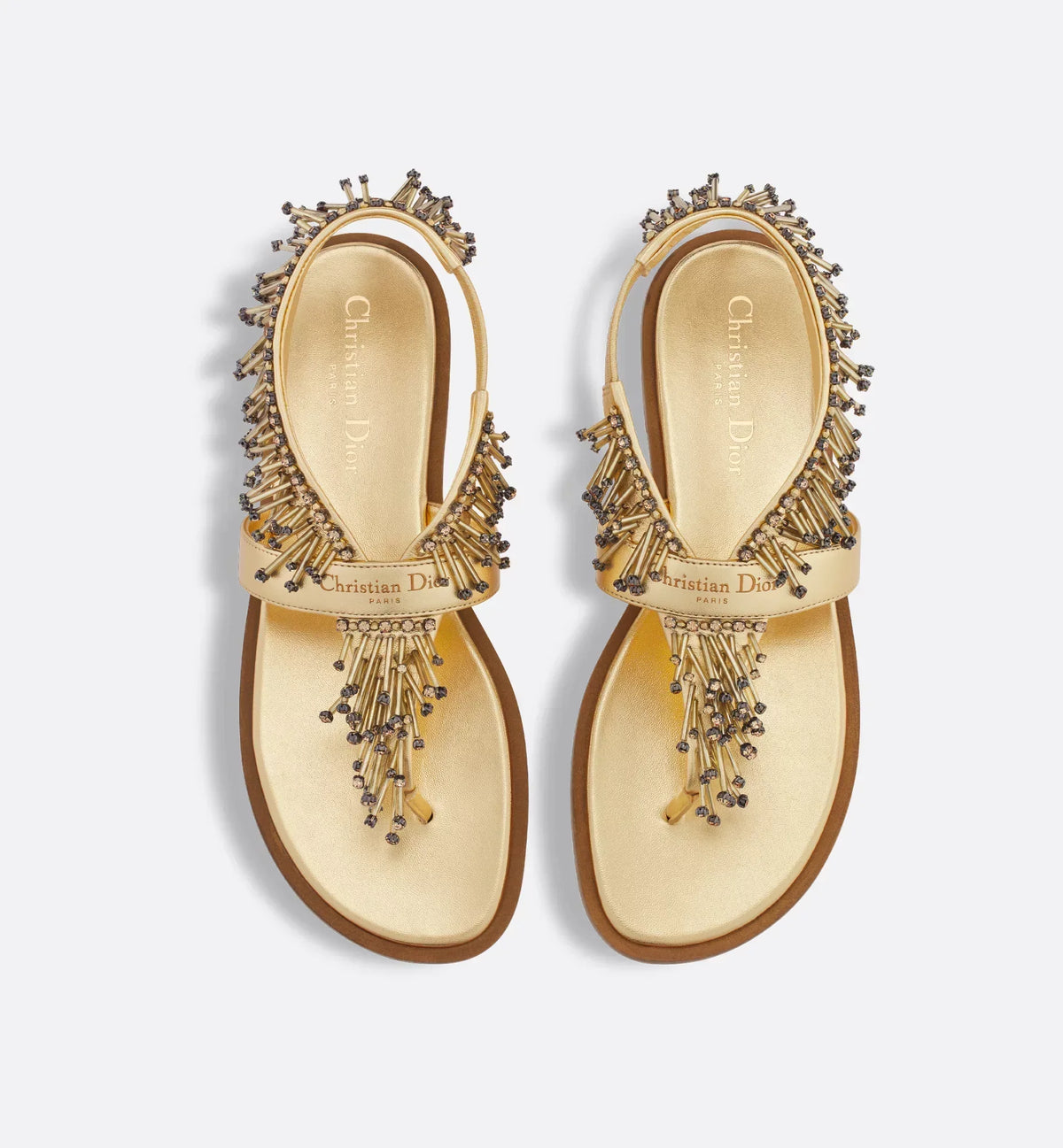 Eclat Thong Lambskin Sandal – tonal cabochons and strass add movement to the gold-tone laminated lambskin straps – LUX VERSE Luxury Designer Fashion Outlet