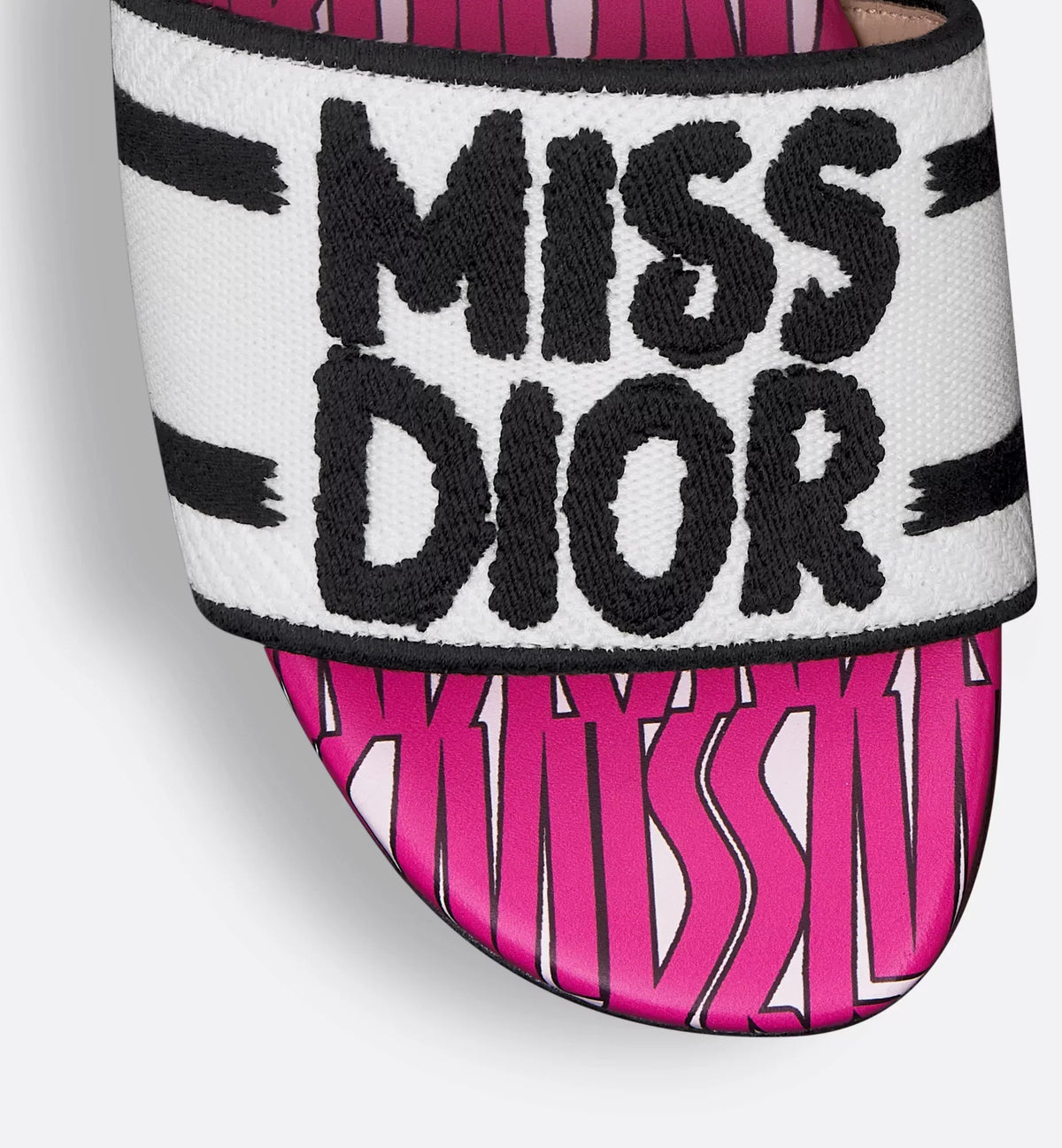 Dway Pathway Slide – the white cotton upper is embroidered with the black Miss Graffiti signature – LUX VERSE Luxury Designer Fashion Outlet